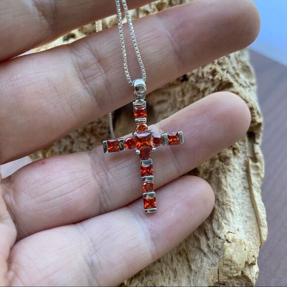 Sterling Silver Cross Necklace-Bole Orange CZ-18" Box Chain - Picture 5 of 8